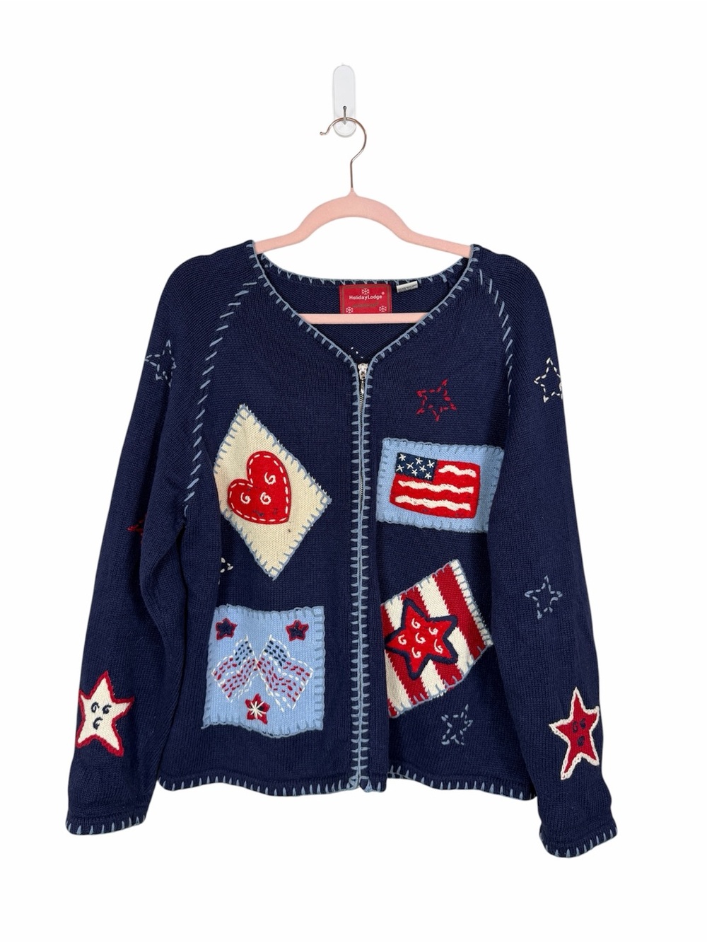 Vintage Holiday Lodge Cardigan Sweater USA Flag Patriotic Zip Up Cottagecore 90s